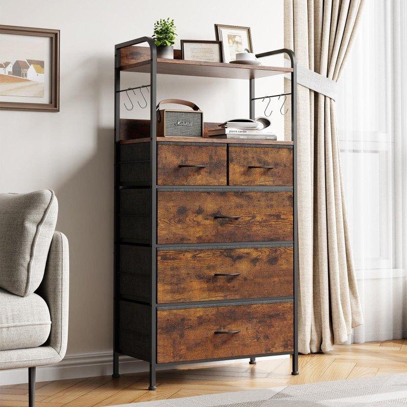 Gri Kahverengi MDF ve Çelik 5 Kumaş Çekmeceli 2 Raflı Dikey Şifonyer - 81x40x88 cm - 303992