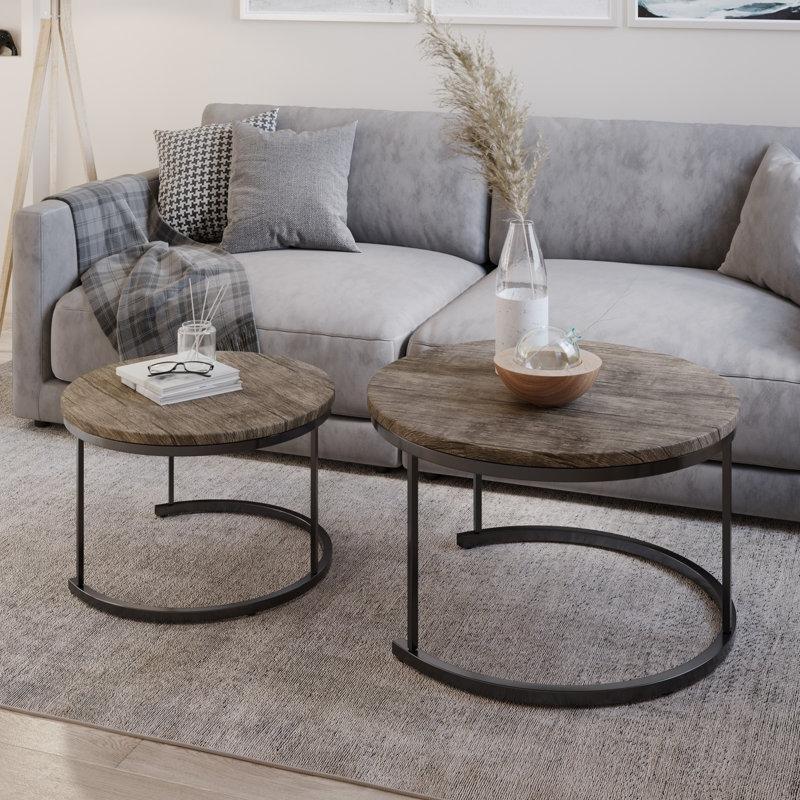 Gri Kahverengi MDF ve Siyah Çelik İç İçe Geçen 2li Yuvarlak Orta Sehpa - 74 cm - 245706