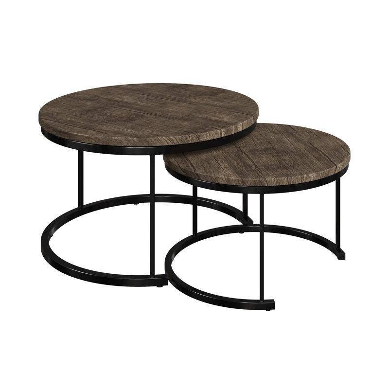 Gri Kahverengi MDF ve Siyah Çelik İç İçe Geçen 2li Yuvarlak Orta Sehpa - 74 cm - 245706
