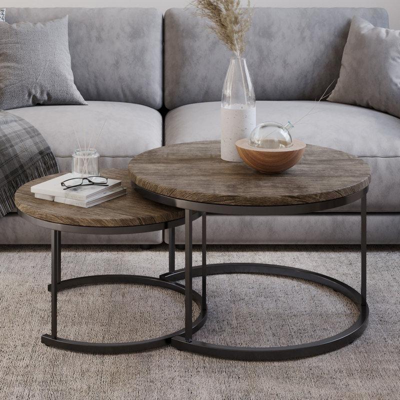 Gri Kahverengi MDF ve Siyah Çelik İç İçe Geçen 2li Yuvarlak Orta Sehpa - 74 cm - 245706