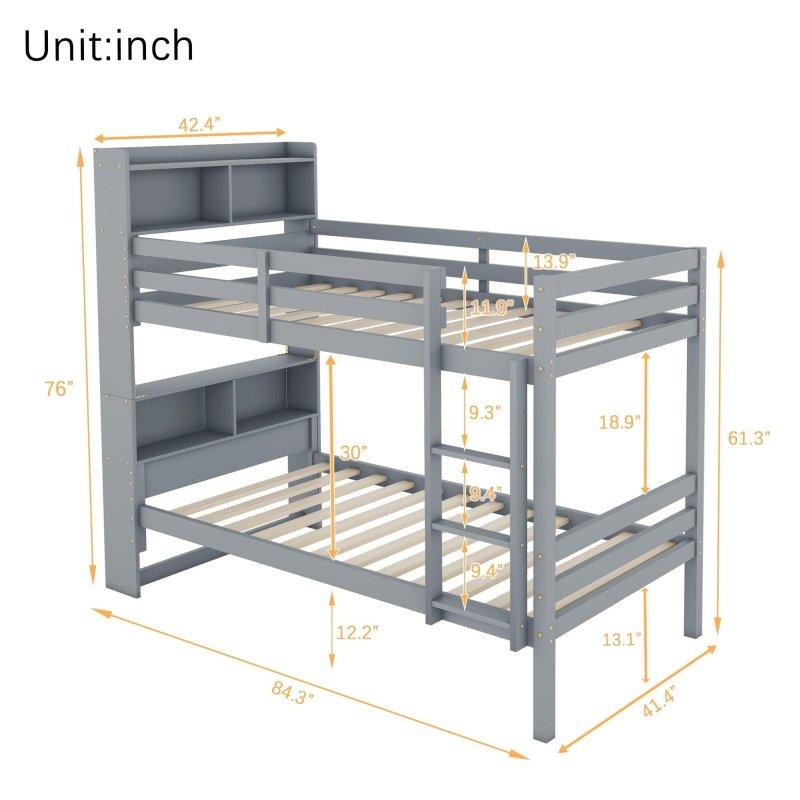 Gri Kauçuk Ağacı Kitaplıklı Ayrılabilen Ranza - 215x110x194 cm - 249114