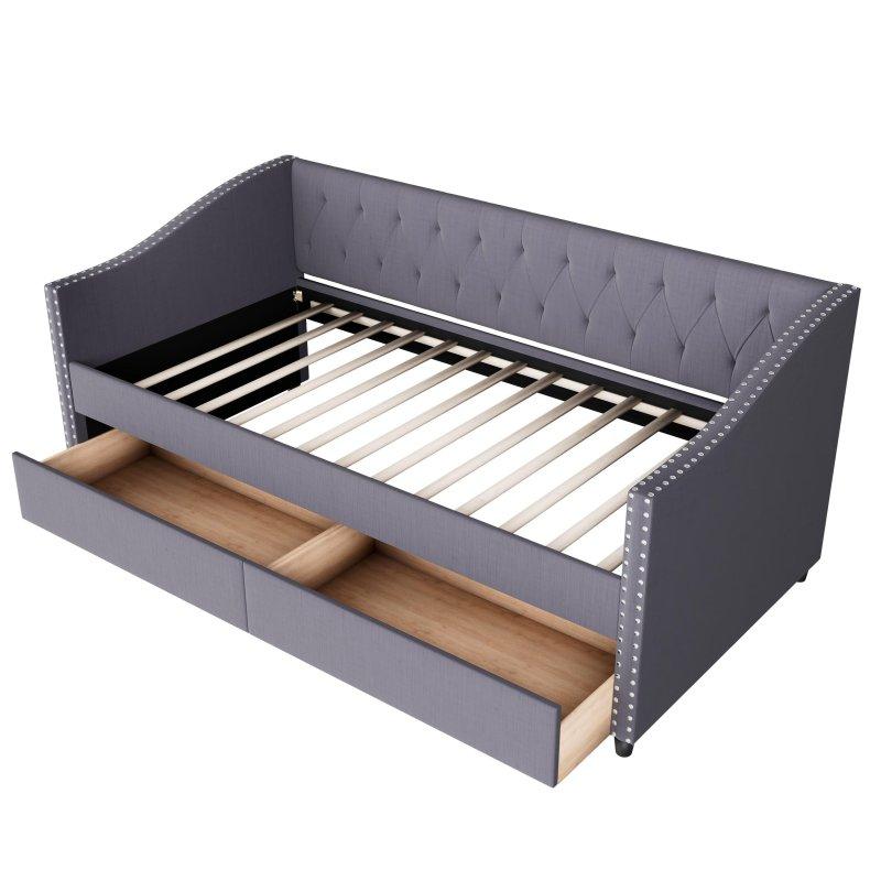 Gri Keten Döşemeli 2 Çekmeceli Zımba Detaylı Kapitoneli Ahşap Daybed Karyola - 216x105 cm - 330495