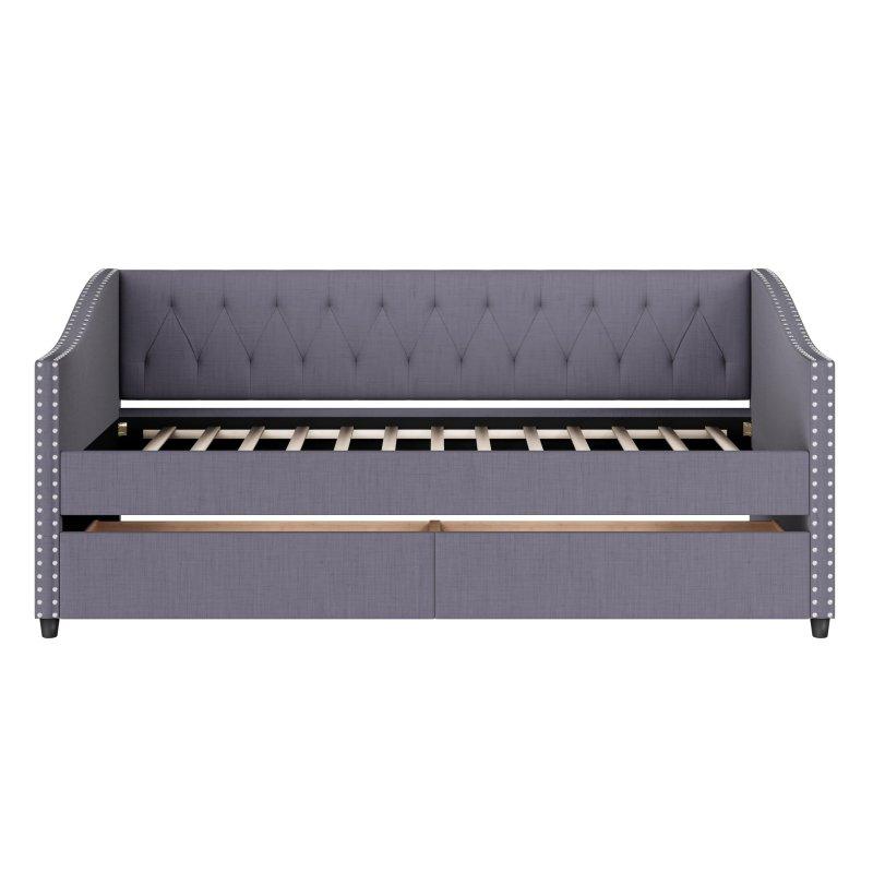 Gri Keten Döşemeli 2 Çekmeceli Zımba Detaylı Kapitoneli Ahşap Daybed Karyola - 216x105 cm - 330495