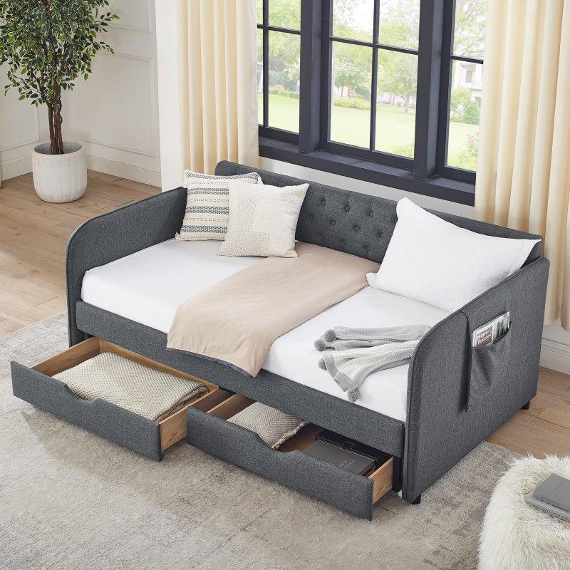 Gri Keten Kapitoneli Yavru Yataklı 2 Çekmeceli Genişleyebilir Ahşap Daybed Karyola - 329681