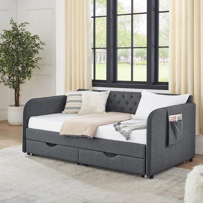 Gri Keten Kapitoneli Yavru Yataklı 2 Çekmeceli Genişleyebilir Ahşap Daybed Karyola - 329681