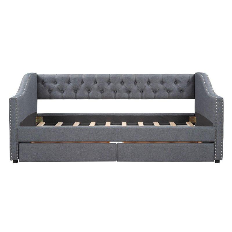 Gri Keten Kumaş Döşemeli İki Çekmeceli Kapitoneli Daybed Karyola - 329647