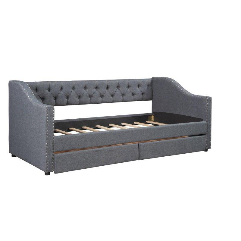 Gri Keten Kumaş Döşemeli İki Çekmeceli Kapitoneli Daybed Karyola - 329647