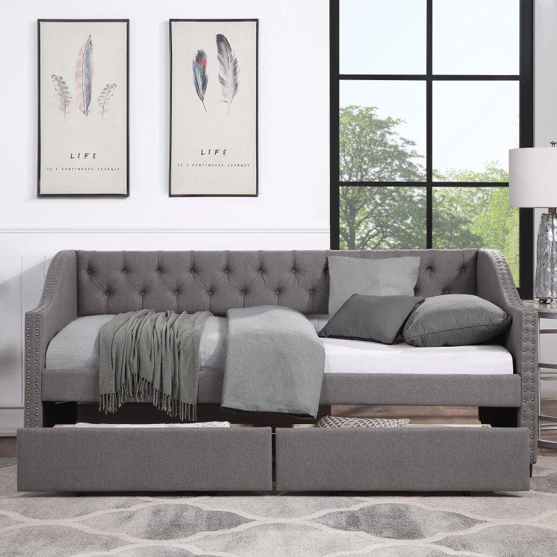 Gri Keten Kumaş Döşemeli İki Çekmeceli Kapitoneli Daybed Karyola - 329647 Gri Keten Kumaş Döşemeli İki Çekmeceli Kapitoneli Daybed Karyola - 329647