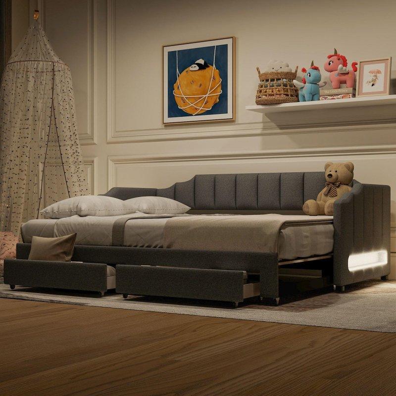 Gri Keten Kumaş Döşemeli LED Aydınlatmalı 2 Çekmeceli Genişleyebilir Daybed Karyola - 329817