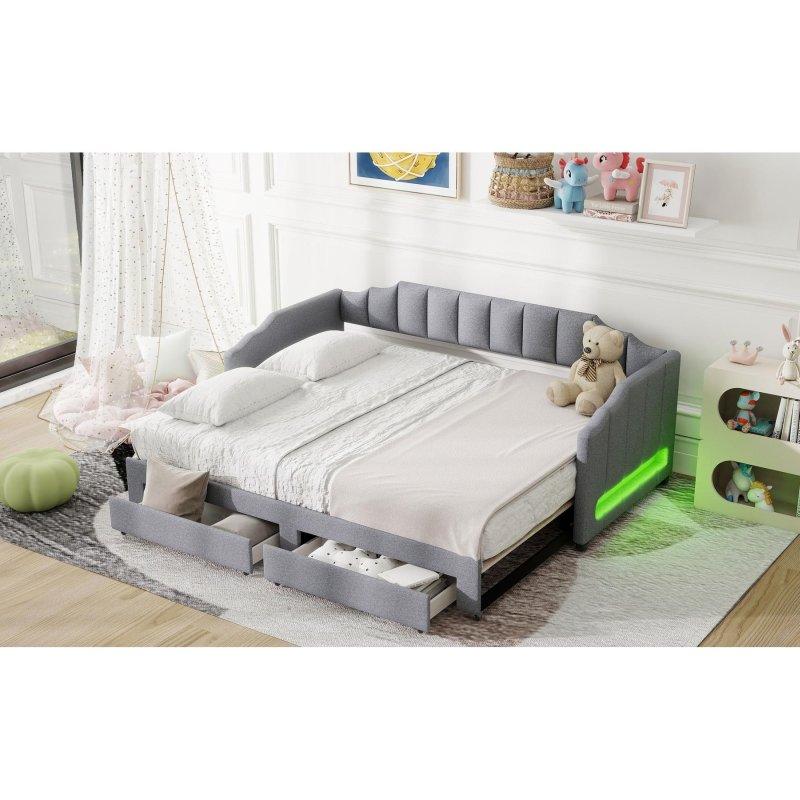 Gri Keten Kumaş Döşemeli LED Aydınlatmalı 2 Çekmeceli Genişleyebilir Daybed Karyola - 329817