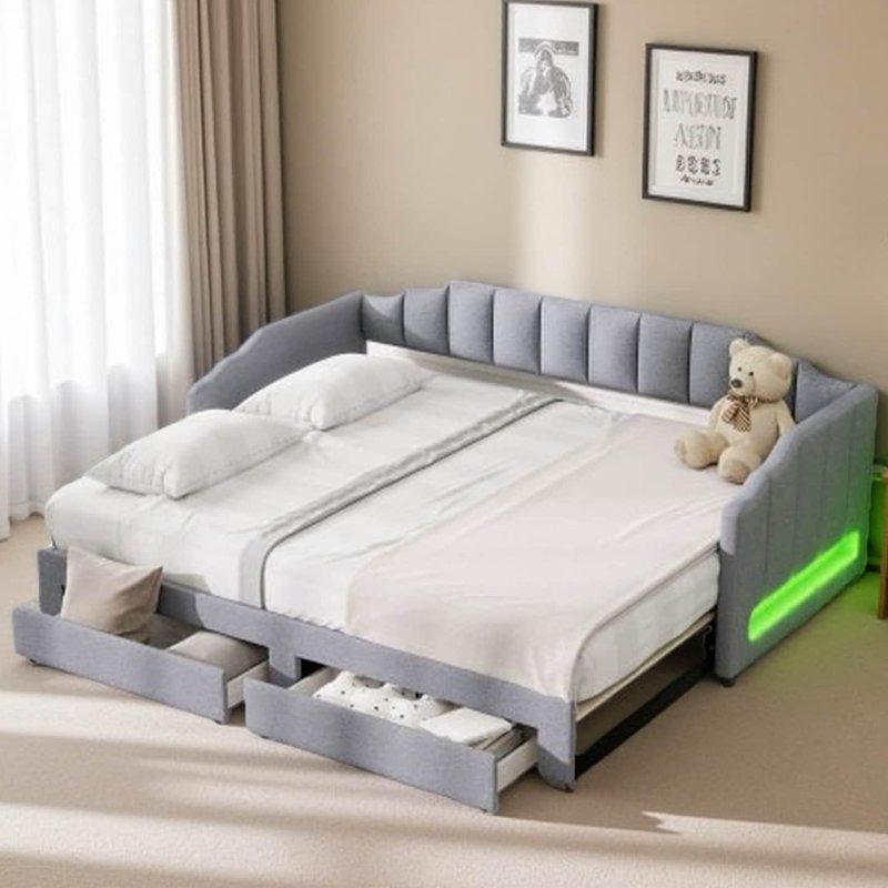 Gri Keten Kumaş Döşemeli LED Aydınlatmalı 2 Çekmeceli Genişleyebilir Daybed Karyola - 329817 Gri Keten Kumaş Döşemeli LED Aydınlatmalı 2 Çekmeceli Genişleyebilir Daybed Karyola - 329817