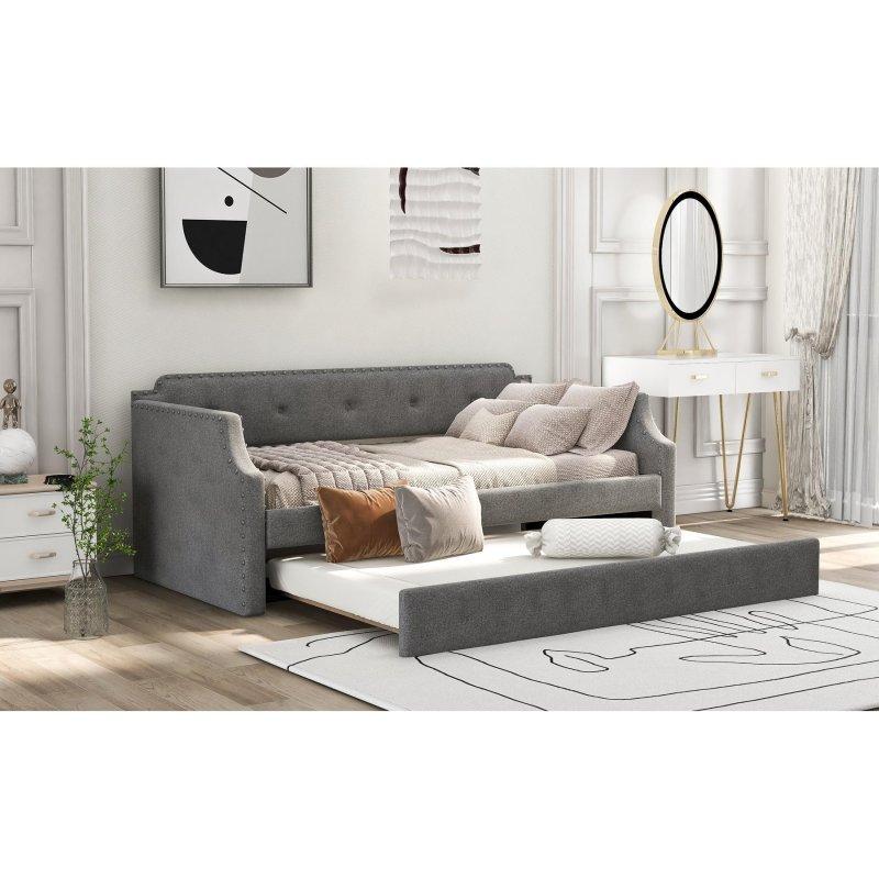 Gri Keten Kumaş Döşemeli MDF Yavru Yataklı Zımba Detaylı Daybed Karyola - 204x207x75 cm - 329806