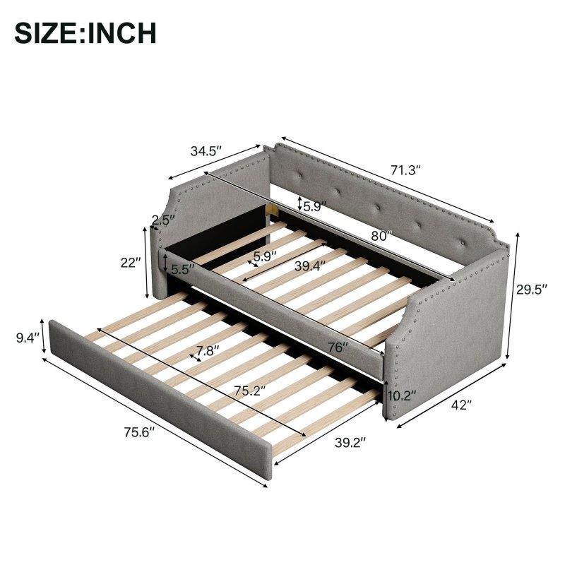Gri Keten Kumaş Döşemeli MDF Yavru Yataklı Zımba Detaylı Daybed Karyola - 204x207x75 cm - 329806