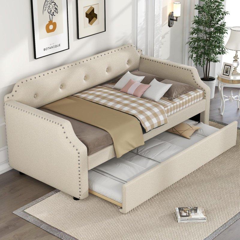 Gri Keten Kumaş Zımba Detaylı Yavru Yataklı Daybed Karyola - 330180