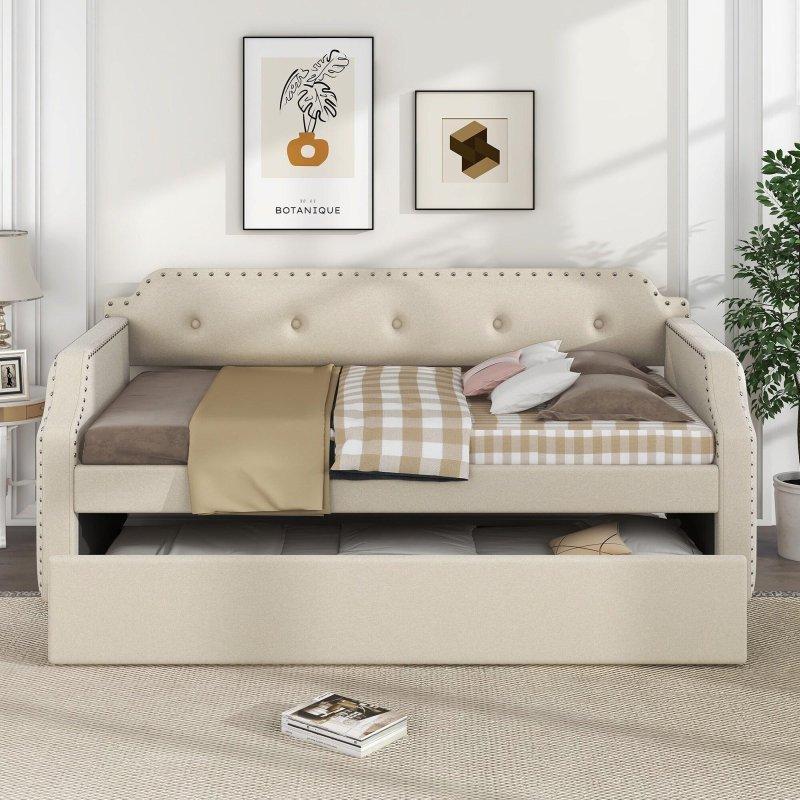 Gri Keten Kumaş Zımba Detaylı Yavru Yataklı Daybed Karyola - 330180