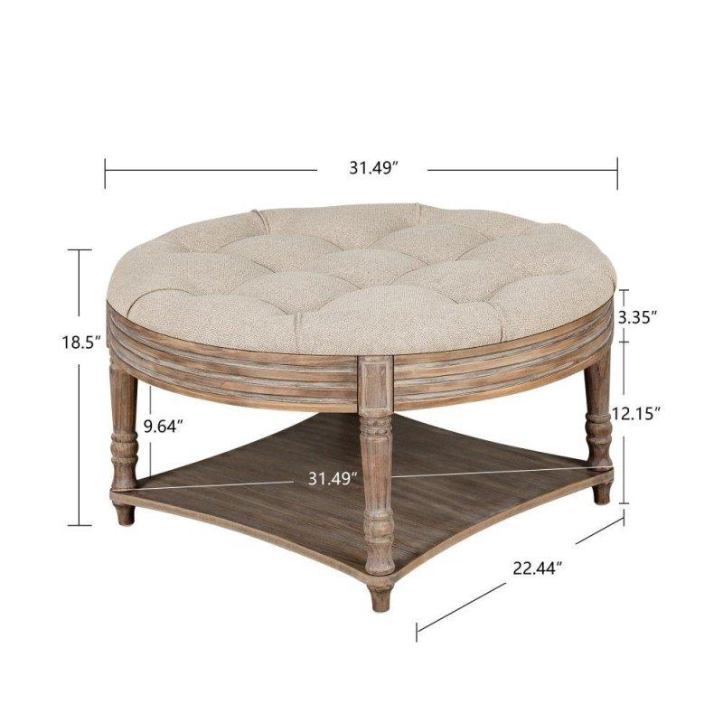 Gri Keten Kumaşlı Masif Ahşap Ayaklı Raflı Yuvarlak Orta Sehpa - 80 cm - 242717