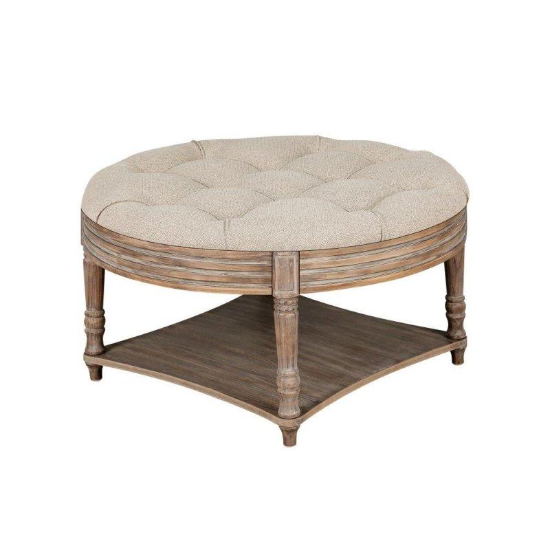 Gri Keten Kumaşlı Masif Ahşap Ayaklı Raflı Yuvarlak Orta Sehpa - 80 cm - 242717