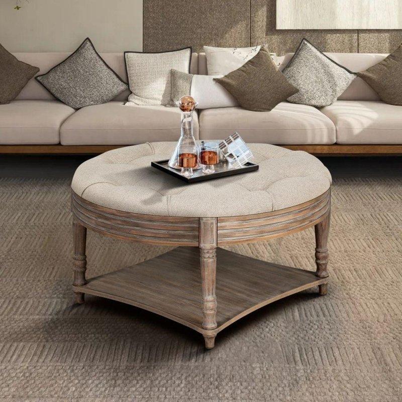 Gri Keten Kumaşlı Masif Ahşap Ayaklı Raflı Yuvarlak Orta Sehpa - 80 cm - 242717