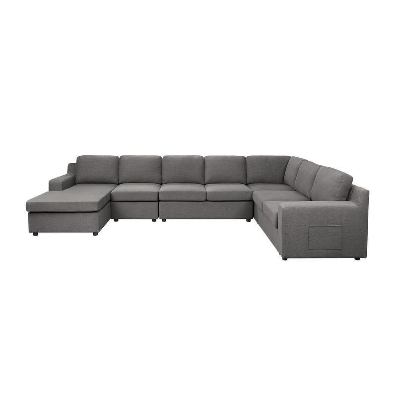 Gri Keten U Şekilli Modüler 7 Kişilik Cepli Köşe Koltuk - 370x237 cm - 256556