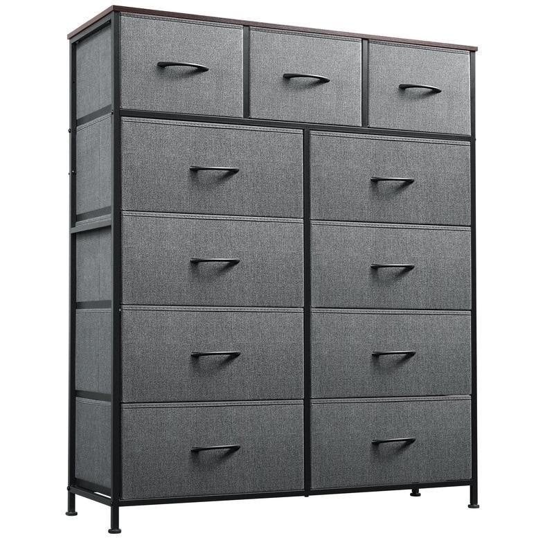 Gri Kumaş 11 Çekmeceli Kahverengi Ahşap Üstlü Metal Şifonyer - 101x125 cm - 303273