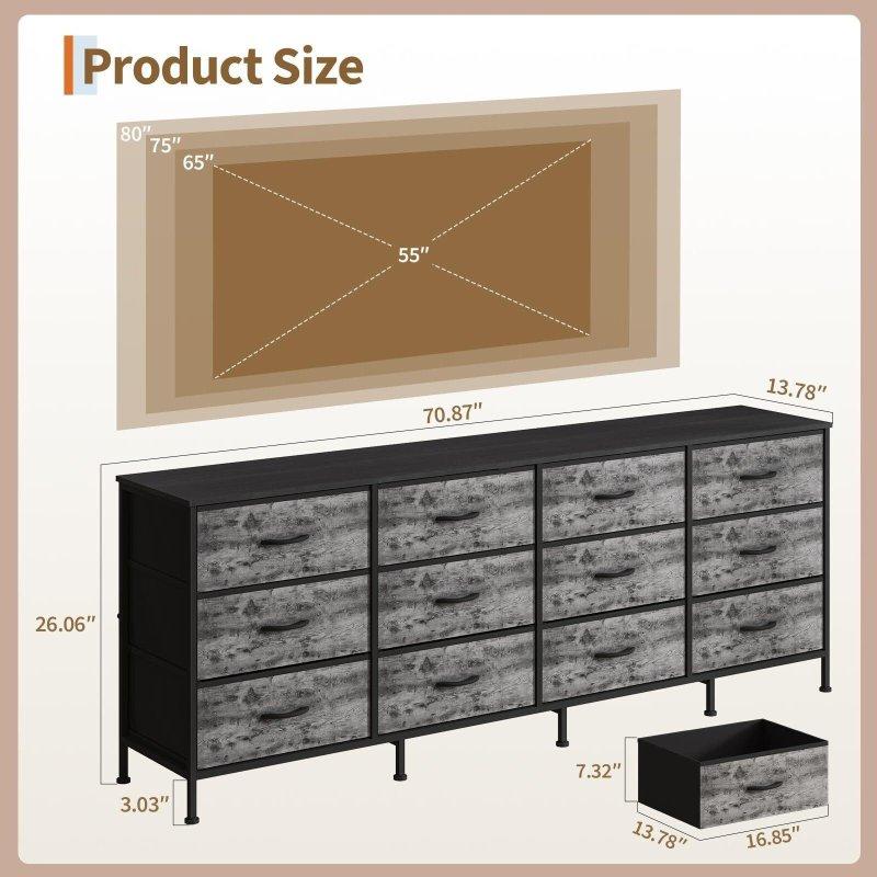 Gri Kumaş 12 Çekmeceli MDF Tablalı Geniş Şifonyer ve TV Sehpası - 181 cm - 303674
