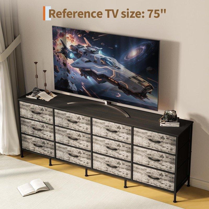 Gri Kumaş 12 Çekmeceli MDF Tablalı Geniş Şifonyer ve TV Sehpası - 181 cm - 303674
