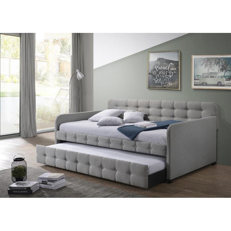 Gri Kumaş Döşemeli Düğme Kapitoneli Masif Ahşap ve MDF Yavru Yataklı Karyola - 209x110 cm - 328828