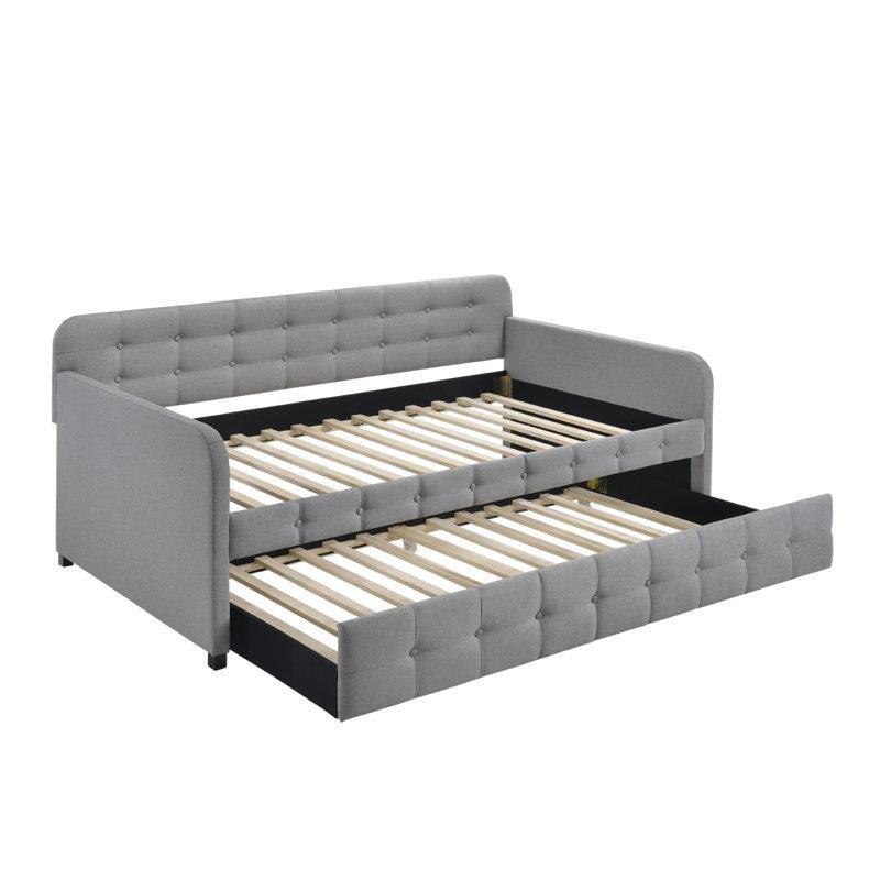 Gri Kumaş Döşemeli Düğme Kapitoneli Masif Ahşap ve MDF Yavru Yataklı Karyola - 209x110 cm - 328828
