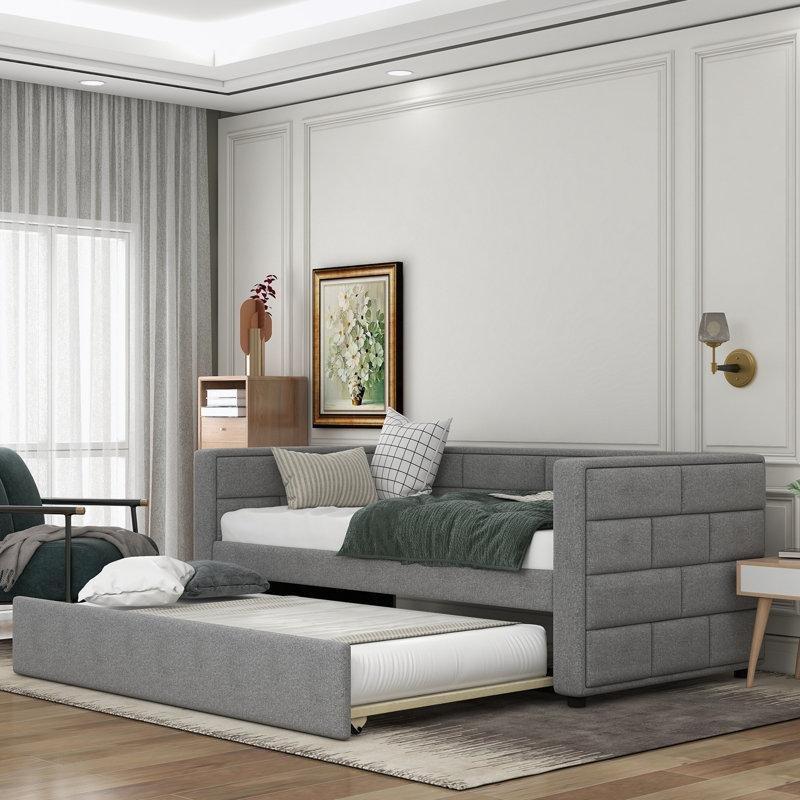 Gri Kumaş Döşemeli Tuğla Desenli Masif Ahşap Yavru Yataklı Karyola - 108x208 cm - 328270
