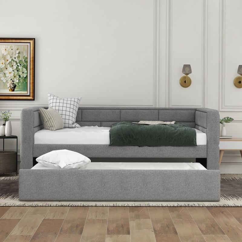 Gri Kumaş Döşemeli Tuğla Desenli Masif Ahşap Yavru Yataklı Karyola - 108x208 cm - 328270