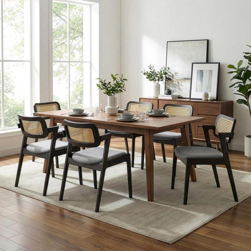 Gri Kumaş Siyah Kauçuk Ağacı Ayaklı 2li Set Rattan Sandalye - 51x54x67 cm - 252559