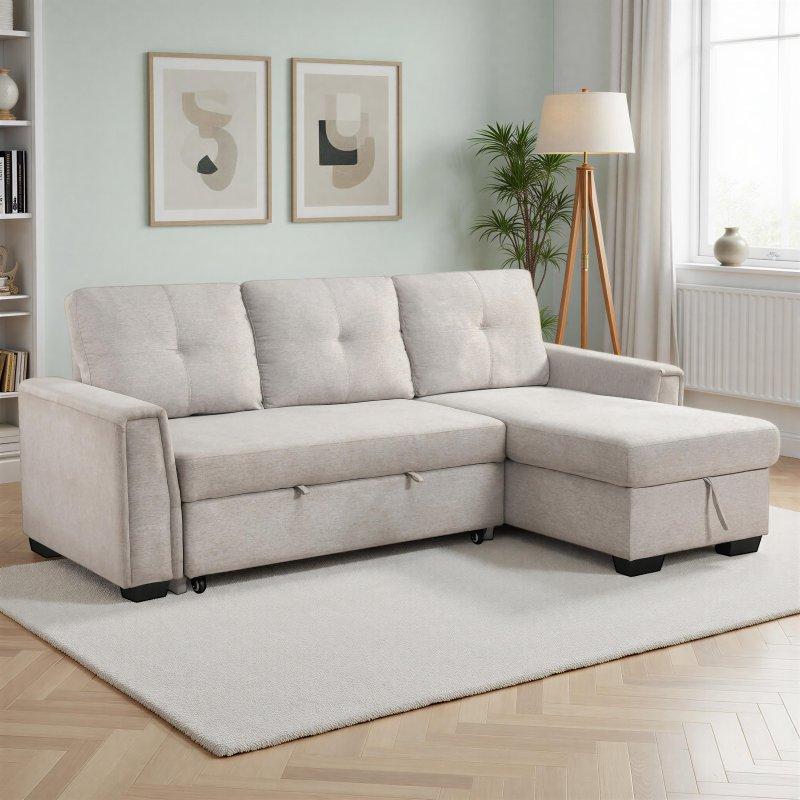 Gri Kumaş Yataklı Sandıklı Yönü Değiştirilebilir Köşe Koltuk - 237x150 cm - 256103
