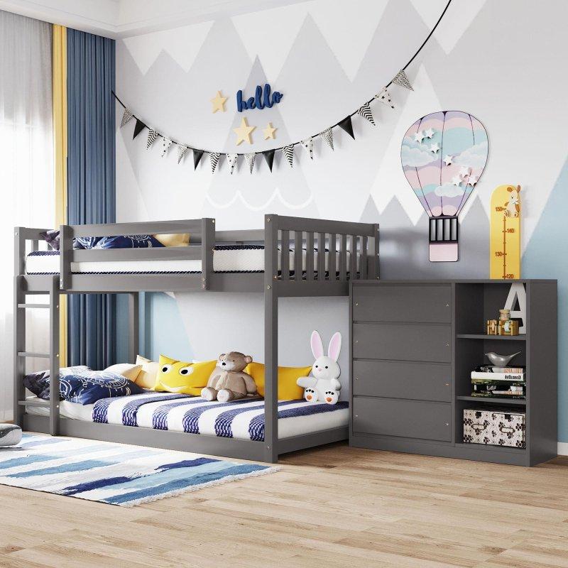 Gri Masif Ahşap 4 Çekmeceli 3 Raflı Ranza - 249920
