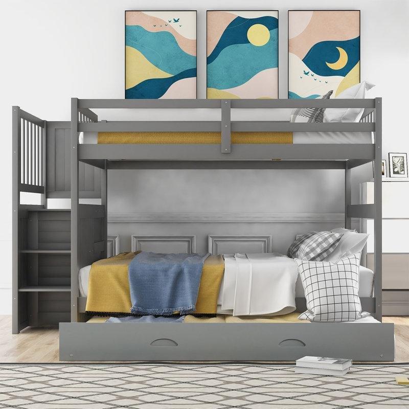 Gri Masif Ahşap 4 Çekmeceli Merdivenli Yavru Yataklı Ayrılabilen Ranza - 144x251 cm - 248113