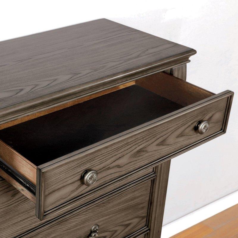 Gri Masif Ahşap 5 Çekmeceli Geleneksel Tasarım Şifonyer - 94x44x136 cm - 299571