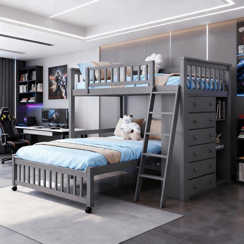 Gri Masif Ahşap 6 Çekmeceli ve Raflı L Ranza - 246732
