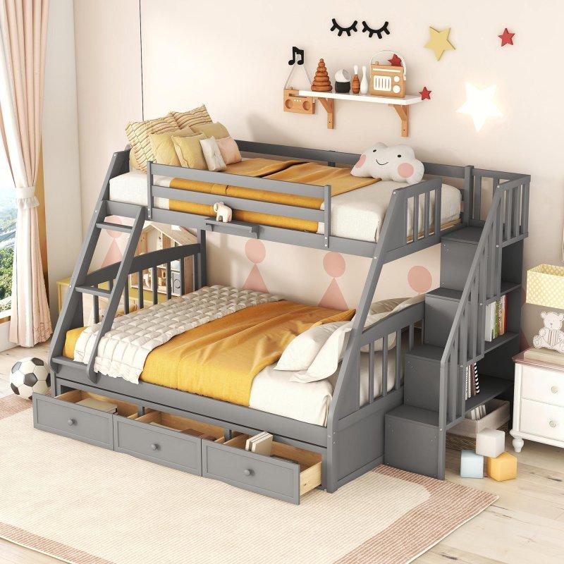 Gri Masif Ahşap Depolama Alanlı Merdivenli ve Çekmeceli Ranza - 238x150x155 cm - 251343