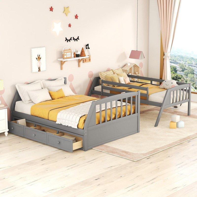 Gri Masif Ahşap Depolama Alanlı Merdivenli ve Çekmeceli Ranza - 238x150x155 cm - 251343