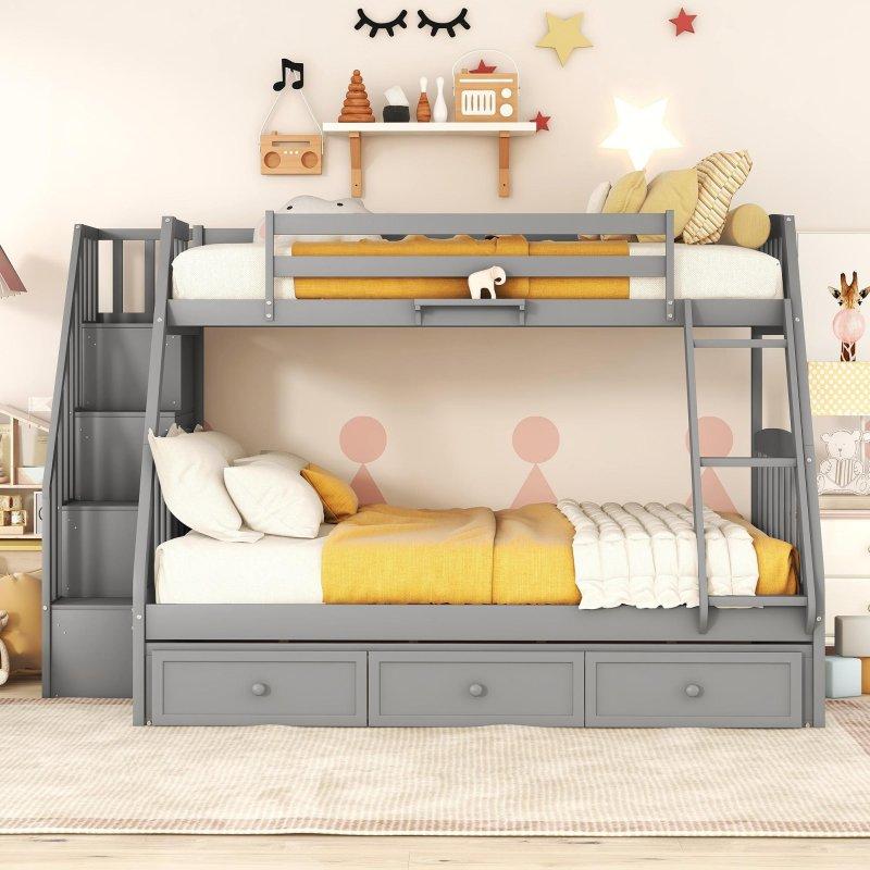 Gri Masif Ahşap Depolama Alanlı Merdivenli ve Çekmeceli Ranza - 238x150x155 cm - 251343