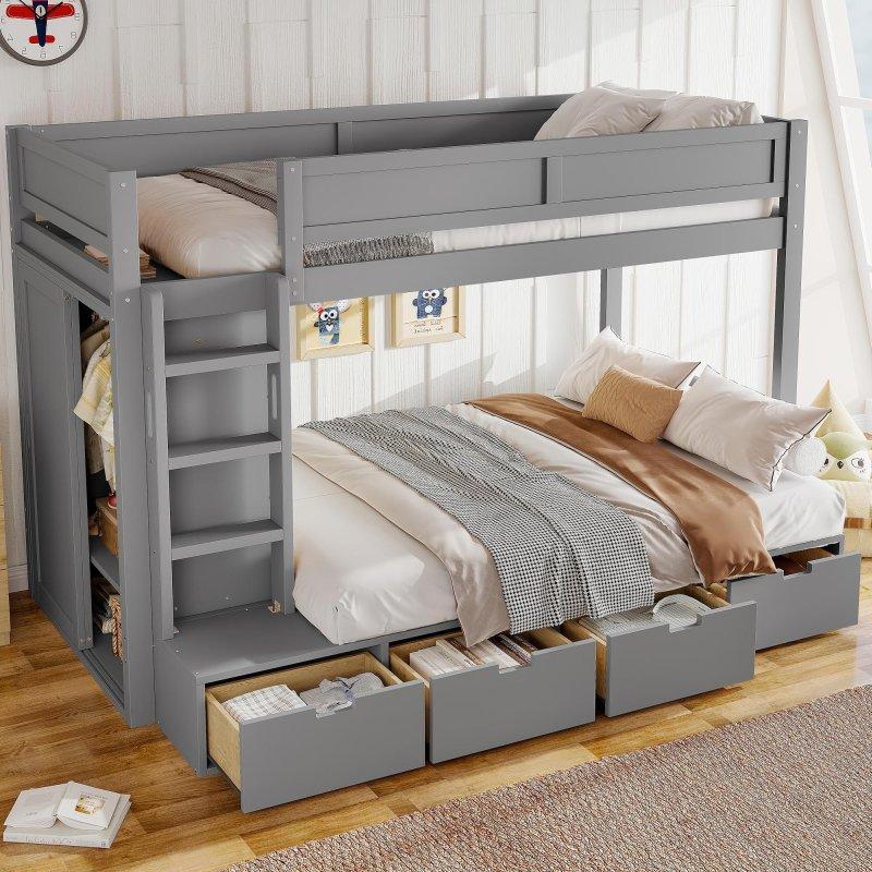 Gri Masif Ahşap Dolaplı ve 4 Çekmeceli Ranza - 236x141x161 cm - 250869