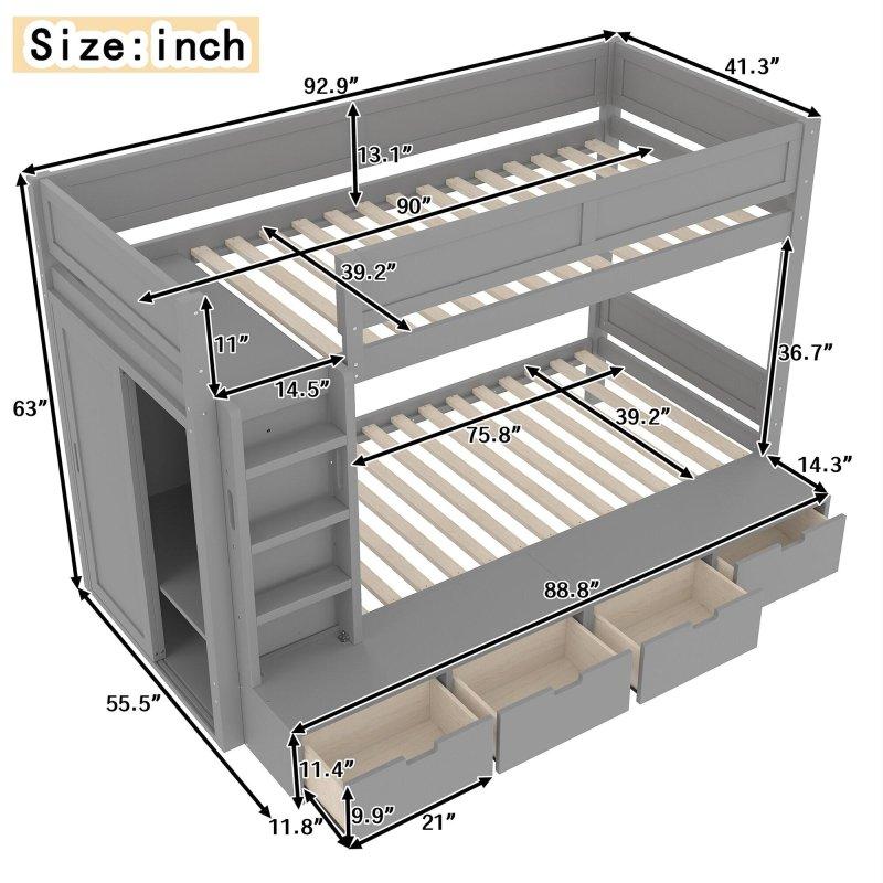 Gri Masif Ahşap Dolaplı ve 4 Çekmeceli Ranza - 236x141x161 cm - 250869