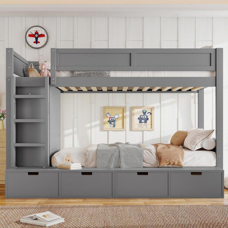 Gri Masif Ahşap Dolaplı ve 4 Çekmeceli Ranza - 236x141x161 cm - 250869