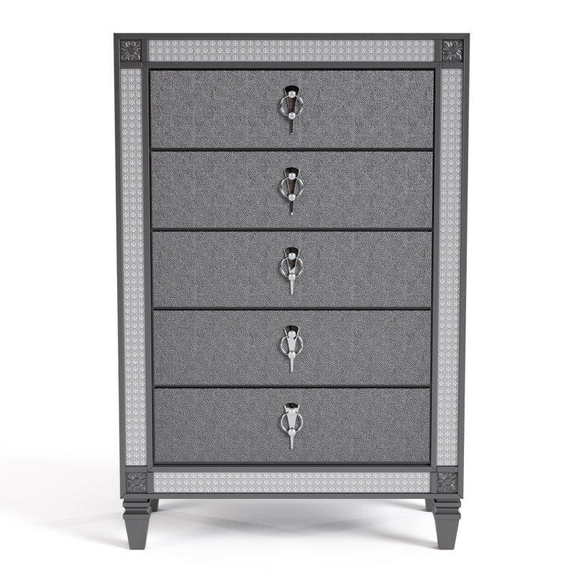 Gri Masif Ahşap Kristal Detaylı 5 Çekmeceli Şifonyer - 89x41x130 cm - 299410