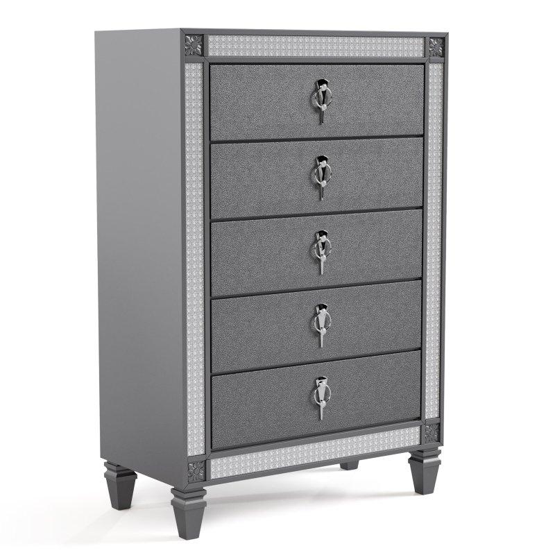Gri Masif Ahşap Kristal Detaylı 5 Çekmeceli Şifonyer - 89x41x130 cm - 299410