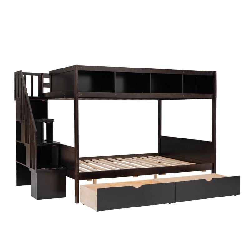 Gri Masif Ahşap Raflı Çekmeceli ve Depolama Merdivenli Ranza - 237x147x159 cm - 250322