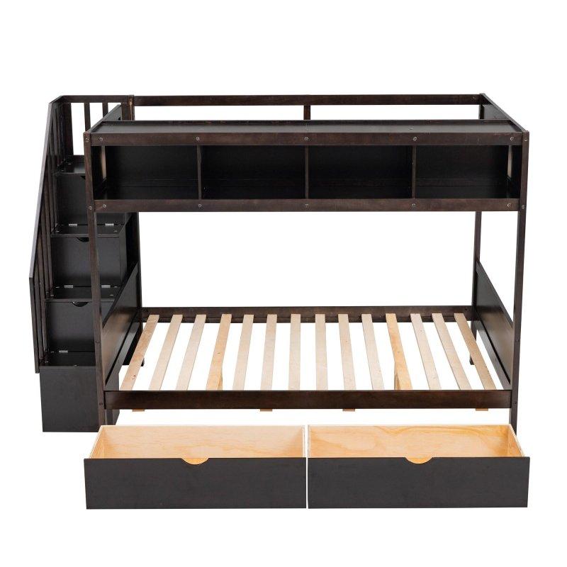 Gri Masif Ahşap Raflı Çekmeceli ve Depolama Merdivenli Ranza - 237x147x159 cm - 250322