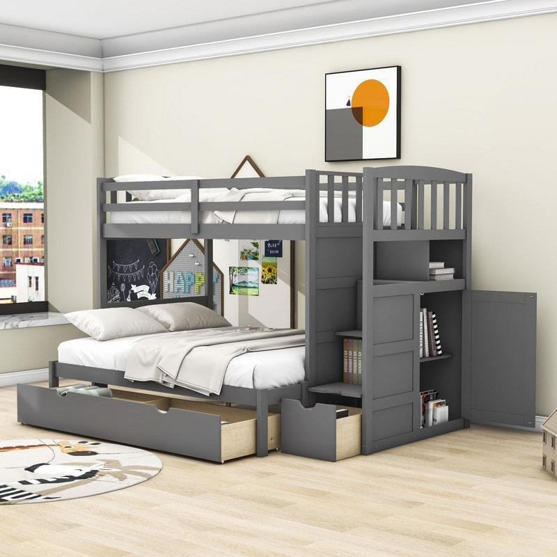 Gri Masif Ahşap ve MDF 3 Çekmeceli Raflı Merdivenli Ranza - 199x147x161 cm - 248351