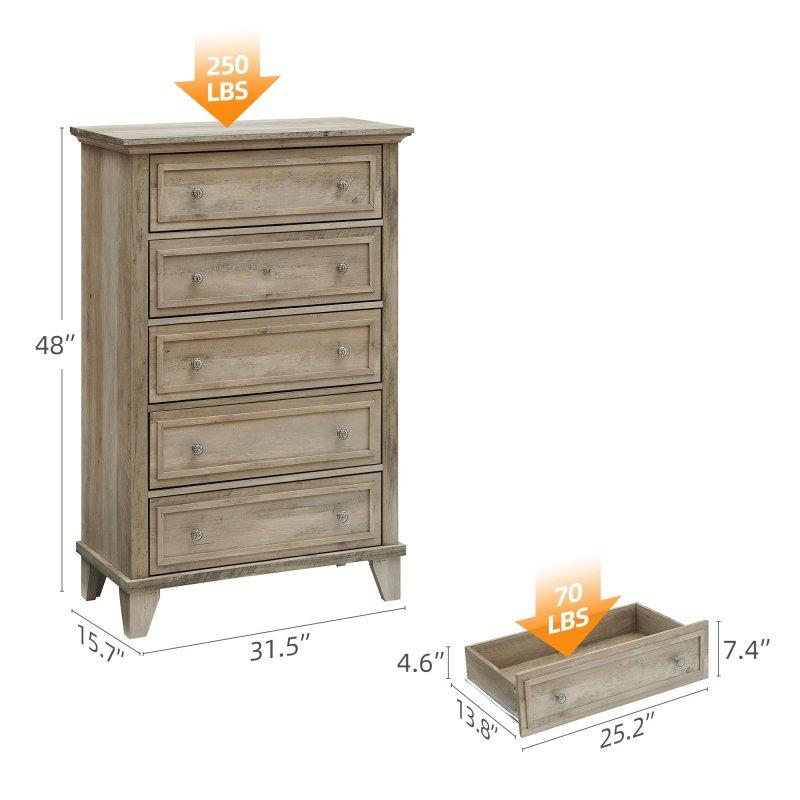 Gri Masif Ahşap ve MDF 6 Çekmeceli Şifonyer - 81x40x122 cm - 302287