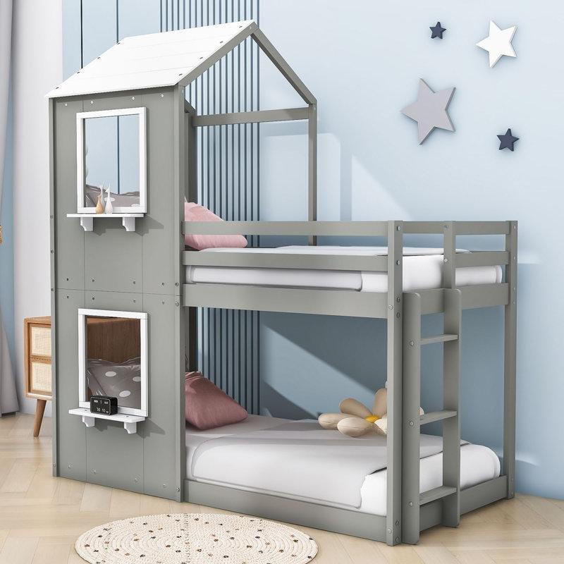 Gri Masif Ahşap ve MDF Ev Tasarımlı Pencereli Ranza - 247361