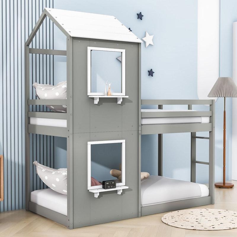 Gri Masif Ahşap ve MDF Ev Tasarımlı Pencereli Ranza - 247361